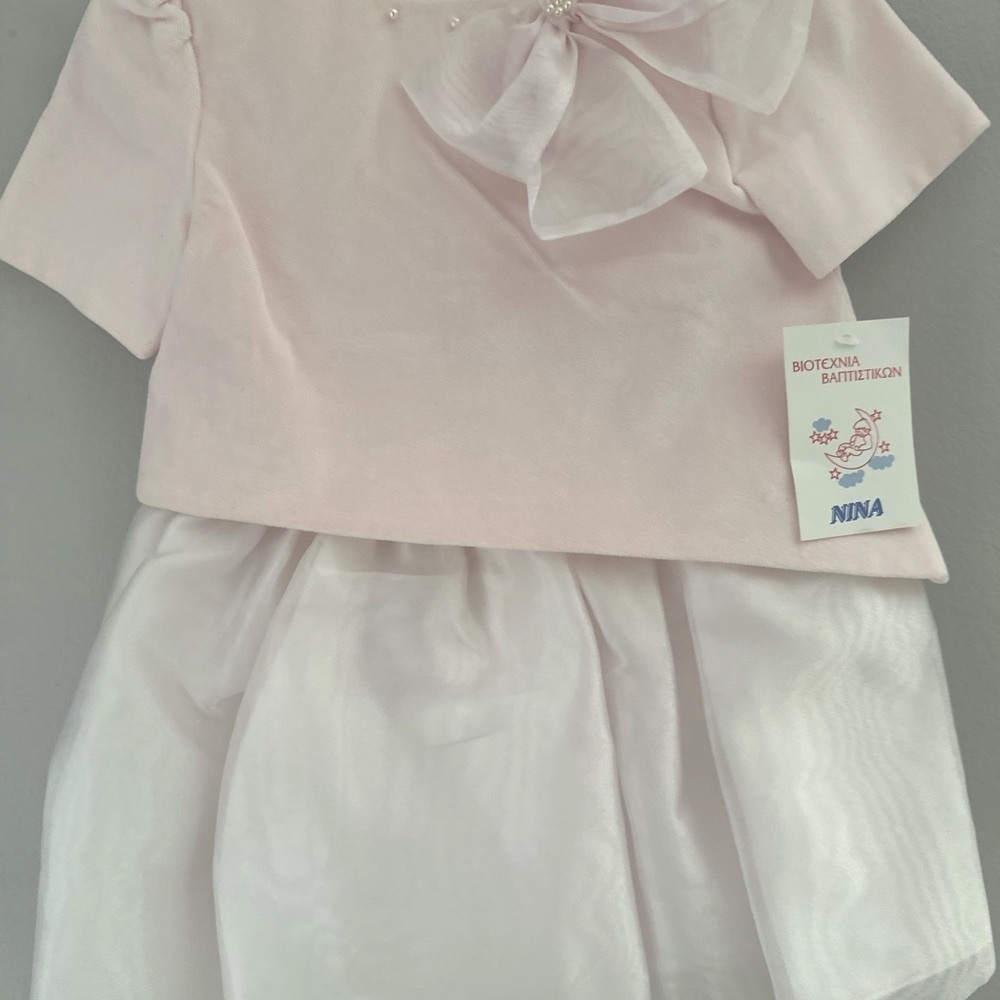 Elegant Pink and White Dress with Bow. Velvet top with sheer skirt.